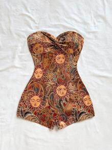 Soleia Combinaison courte casual d'été pour femmes avec imprimé soleil et torsade avant - Tabac - Voir 5