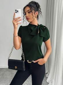 Rafferiza Women's Spring & Summer Casual Versatile Solid Color Bow Frill Cuff Shirt - Dark Green - View 3