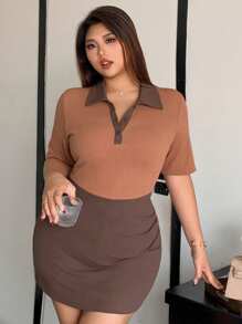 Dazy Plus Color Block Collared Short Wrap Dress,Casual Women Dresses - Brown - View 5