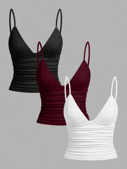 SHEIN EZwear 3 pièces/Set Femmes décontractées Camisole à volants courte avec soutien-gorge superposé, convient pour l'été