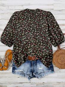 Linhara Chemise élégante et romantique avec manches lanternes, décolleté en V, découpes et imprimé floral éparpillé, pour les grandes tailles, style casual vacances plage et resort