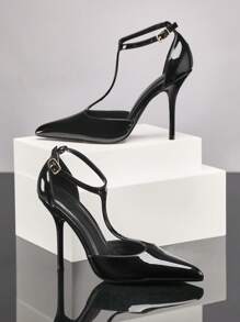 SHUZIA 最热门的黑色PU女士春夏露跟T型带中跟性感尖头舒适办公室休闲鞋