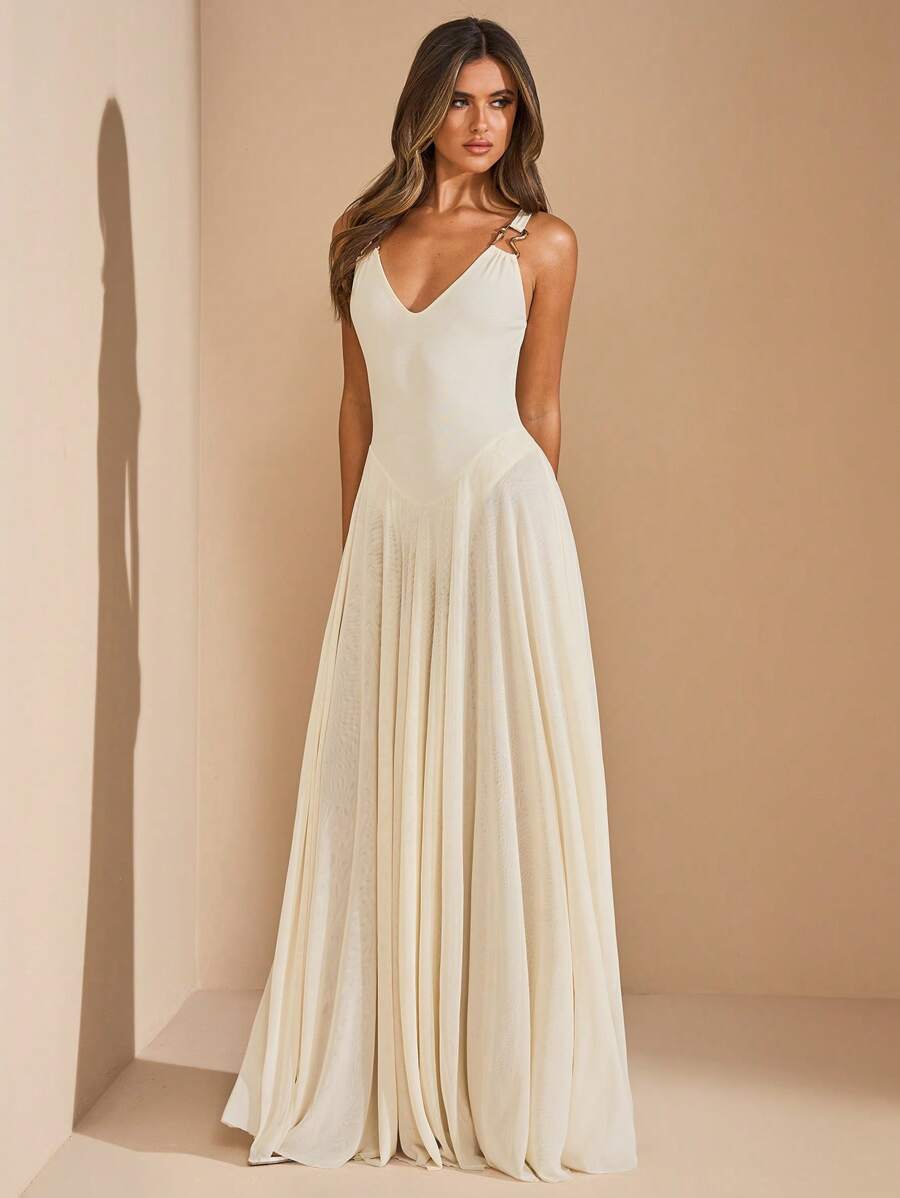 SHEIN BAE Vestido sin mangas en beige con falda de malla acampanada y fluida, vestido largo de tul transparente, vestido largo para vacaciones en la playa, vestido elegante para primavera/verano - Albaricoque - Ver 1