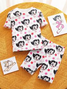 Astro Boy X SHEIN Young Girl Cartoon Star Print White Cute Casual Comfortable Short Sleeve T-Shirt And Shorts Pajama Set - Multicolor - View 1