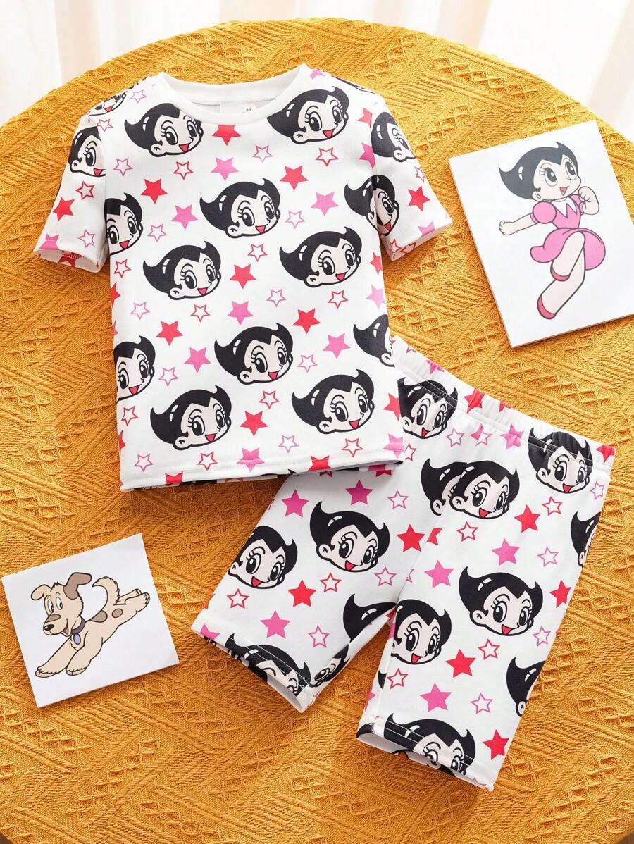 Astro Boy X SHEIN Young Girl Cartoon Star Print White Cute Casual Comfortable Short Sleeve T-Shirt And Shorts Pajama Set - Multicolor - View 1