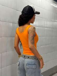 StreetHx 女士春夏街头风水钻印花紧身瑜伽运动橙色背心，简约亚文化风格修身款上衣 - 亮橙色 - 查看 2