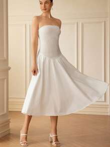 GENKIRA Women's White Summer Elegant Vacation Long Dress, Old Money Style Solid Color Sleeveless Cinched Waist Flare Hem, European American Fashion Chic Dress - White - View 4