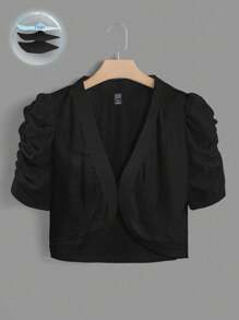 SHEIN Clasi 秋冬大码时尚优雅白色蕾丝短袖前开短款夹克 - 黑色 - 查看 3