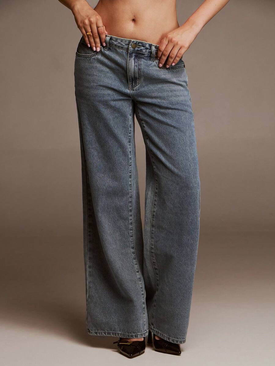 SHEIN Forever 21 女式 Y2K 夏季豹纹印花心形贴袋宽松阔腿休闲百搭牛仔裤 - 藍色 - 查看 1