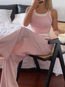 DAZY 女士二合一水钻字母无袖上衣和阔腿裤睡衣套装