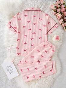 2 件甜美可爱蝴蝶结和条纹印花上衣和长裤套装，休闲舒适的青少年女孩家居服返校时尚 - 彩色 - 查看 2