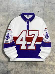 AXEPEAK 男士数码印花宽松针织长袖 Polo 衫，街头风设计