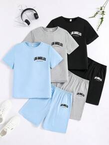 Set de 6 piezas de pijama para adolescentes varones con camisa de manga corta con estampado de letras en inglés y pantalones cortos en combinación de colores negro/gris/azul