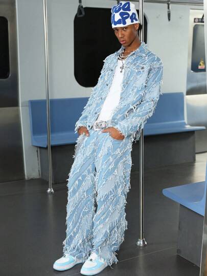 PAVTROS 男士街头服饰 轻度水洗毛边破洞口袋设计贴花刺绣宽松牛仔裤 街头休闲学院风、emo 风格