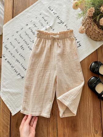 SHEIN LMoss Kids Babygirl schattige abrikooskleurige, veelzijdige, casual, losse, elastische taillebroek, zomer