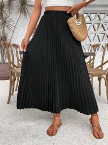 SHEIN PETITE Chân váy xếp ly màu trơn kiểu dáng thường ngày dành cho nữ, chất liệu vải mùa thu. - màu đen - Xem 4