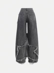 SHEIN Girlism Pantalones vaqueros anchos de pierna ancha, cintura baja, con estampado de estrellas en patchwork, flecos y bolsillos sesgados con dobladillo deshilachado, pantalones de moda Y2K para adolescentes