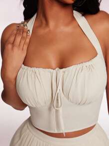 Radiana 女式米色棉质波西米亚风夏季套装：露背挂脖吊带背心 + 飘逸长裙 2 件套，节日/度假装，沙滩/海岛装 - 杏色 - 查看 7