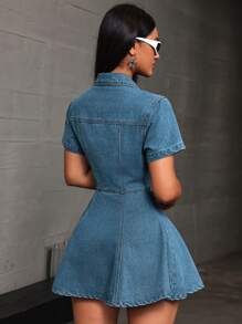 SHEIN EZwear 女士休闲牛仔连衣裙，简约时尚，适合日常穿着 - 深色水洗藍 - 查看 5