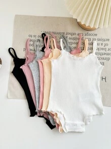 SHEIN LMoss Kids 6pcs/Set Newborn Baby Girls' Cute Casual Solid Color Knit Sleeveless Bodysuit, Summer - Multicolor - View 7