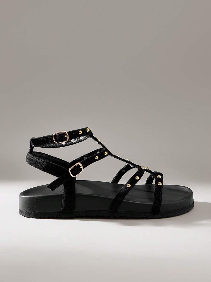 Solecia Giày sandal đế bằng buộc dây hở mũi thời trang nữ, màu nâu, thoải mái cho kỳ nghỉ xuân/hè - màu đen - Xem 1