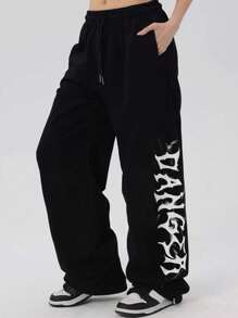 INAWLY Plus Size Casual Letter Print Drawstring Waist Sweatpants Graduation,Back To School,Graduation,Teacher,Back To School Fall - Black and White - View 4