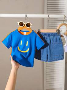 2pcs/Set Baby Boys Blue And Yellow Striped Summer Outfit,Cute Funny Face Print T-Shirt & Wash Denim Shorts,City Break Casual Clothes For 6M-3T Toddler - Multicolor - View 2