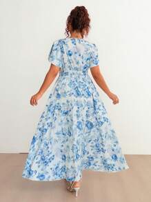 Flirla Vestido de vacaciones de primavera con cuello cuadrado, volantes, cintura ajustada, mangas abullonadas y falda con vuelo y varios niveles, con estampado floral impresionista colorido