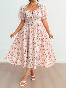 Flirla Summer Women Romantic Elegant Vacation French Style Ditsy Floral Ruffled V-Neck Sexy Bowknot Decorative Fish Bone Gathered Waist Slim Long Dress, Soft And Graceful