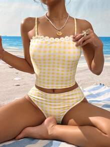 Swim Mod 2pcs Women's Plaid Daisy Flower Pattern Camisole & Bikini Set, Cute Casual Beachwear For Spring & Summer Vacation, Beach, Party - Yellow - View 5