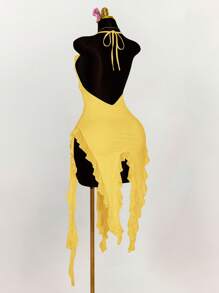 Amplova 纯色挂脖不对称荷叶边下摆紧身连衣裙 - 黃色 - 查看 4