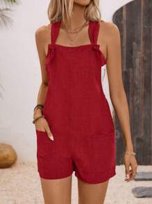 Breezaya Solid Color Tied Waist Dual Pocket Casual Romper For Holiday - Red - View 7