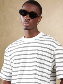 SUMWON Oversized Striped T-Shirt Casual Summer Basic Streetwear Tee Relaxed Fit Classic Top Daily Wear Essential Crew Neck - White - View 3