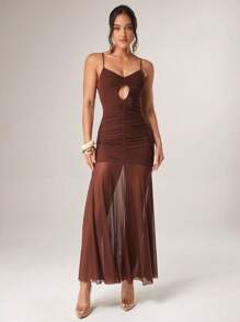 Silquee Women's Coffee Brown Dress,Summer Stretch Mesh Cutouts Cami Elegant Graduation Outfits,Seksi Chic Bar Party Flowy Beach Vacation Sundress - Brown - View 1