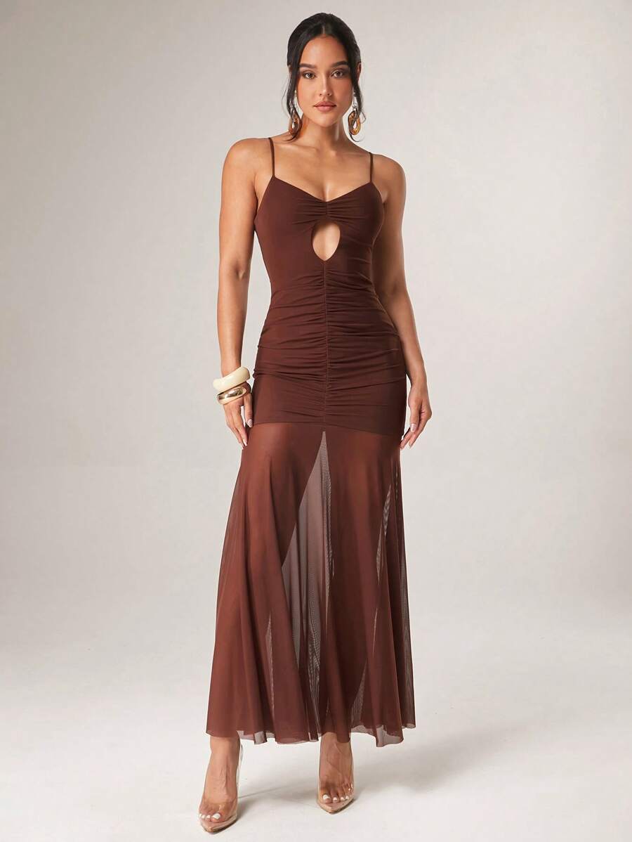 Silquee Women's Coffee Brown Dress,Summer Stretch Mesh Cutouts Cami Elegant Graduation Outfits,Seksi Chic Bar Party Flowy Beach Vacation Sundress - Brown - View 1