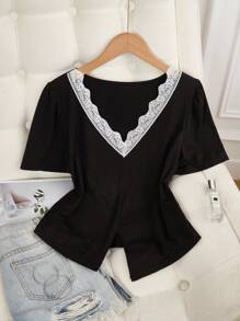 SHEIN Women's Casual Lace Trim V-Neck Hem Slit Design Nightgown,Women Sleepwear Tops, Women S Tops, Cute Tops Women - Black - View 1