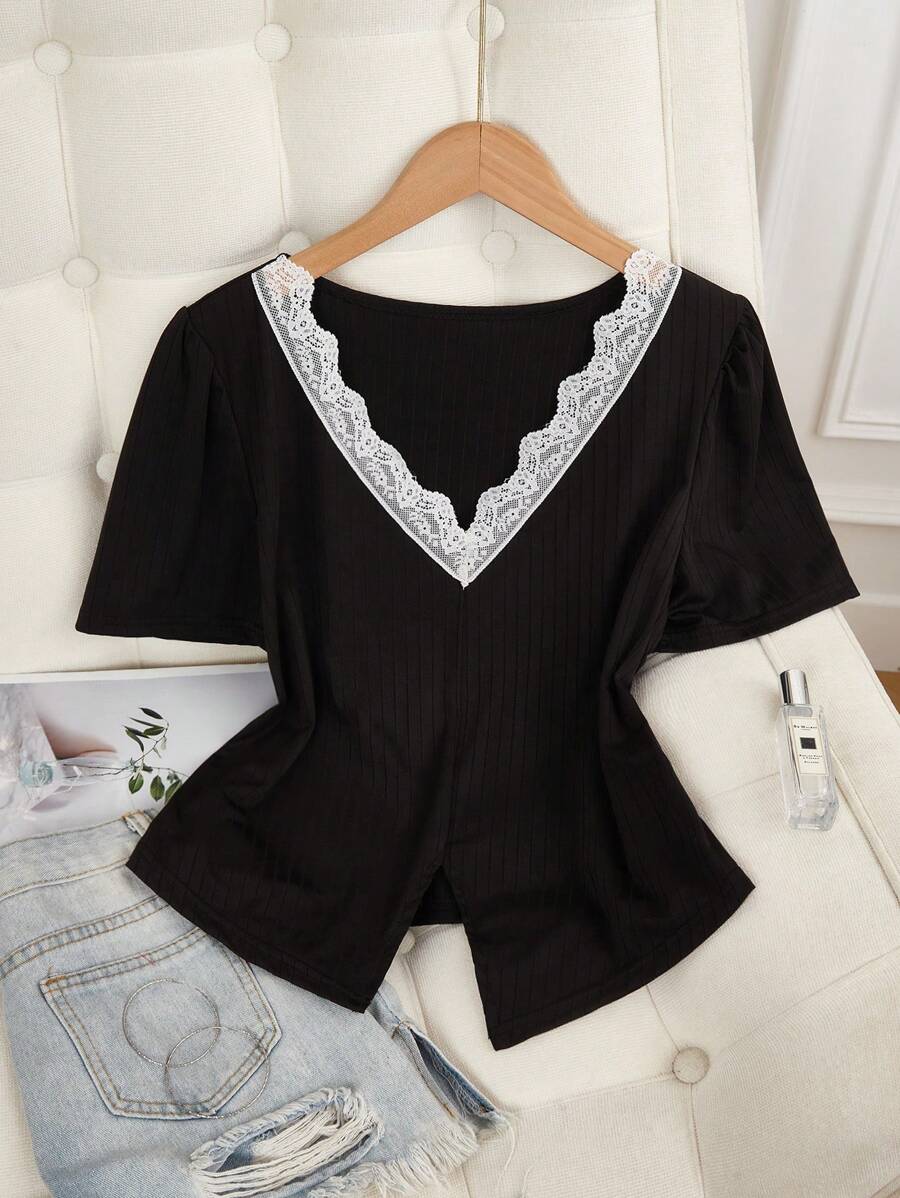 SHEIN Women's Casual Lace Trim V-Neck Hem Slit Design Nightgown,Women Sleepwear Tops, Women S Tops, Cute Tops Women - Black - View 1