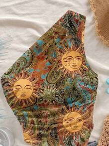 Soleia 夏季度假风格绿色复古金色太阳佩斯利图案女式斜肩不对称下摆短款上衣 - 彩色 - 查看 4