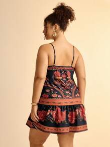 CAJUNI Vestido corto casual de playa negro con estampado floral tropical colorido y tirantes de espagueti para mujer de talla grande