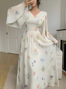 Feyla 女式优雅花卉印花喇叭袖连衣裙 - 白色 - 查看 2