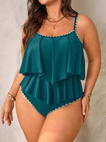 Swim Lushoire 2 chiếc/Bộ áo hở vai màu xanh lá cây cỡ lớn cho nữ kết hợp với quần xếp ly cạp cao mặc đi nghỉ ở bãi biển, mùa hè - Màu xanh ngọc - Xem 3