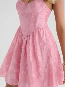 Glamine Romantisches Frühlings- und Sommer-Jacquard-Fischgräten-Brustbecher-Einfarbenes-Cami-Mini-Kleid für Damen - Pink - Übersicht 6