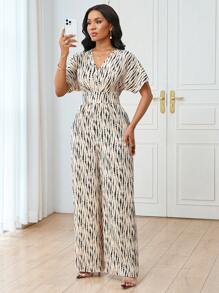 Lunelith SHEIN Lunessa V领短袖全条纹印花松紧腰修身优雅休闲女式连体裤 - 彩色 - 查看 7