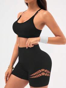 Easithlete Pantalones cortos deportivos de yoga de cintura alta y unicolor con diseño calado para mujeres