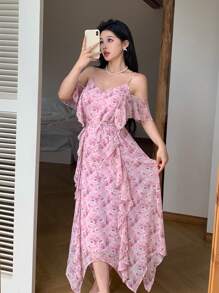 Modelyn Women's Summer Chiffon Pink Floral Dress,Elegant Ruffle Off Shoulder Strap Wedding Guest Dress,Holiday Tea Party Summer Outfits Graduation Dress - Dusty Pink - View 5