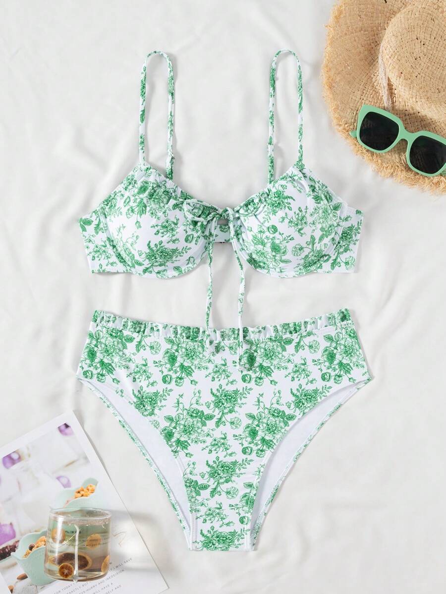 Swim Vcay Maillot de bain deux pièces Tankini à imprimé floral avec nœud et impression aléatoire