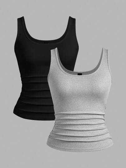 Slaydiva Multi-Pack Black & White Casual Basics Tank Top, Women's Deep U-Neck Skinny Rib Camisole