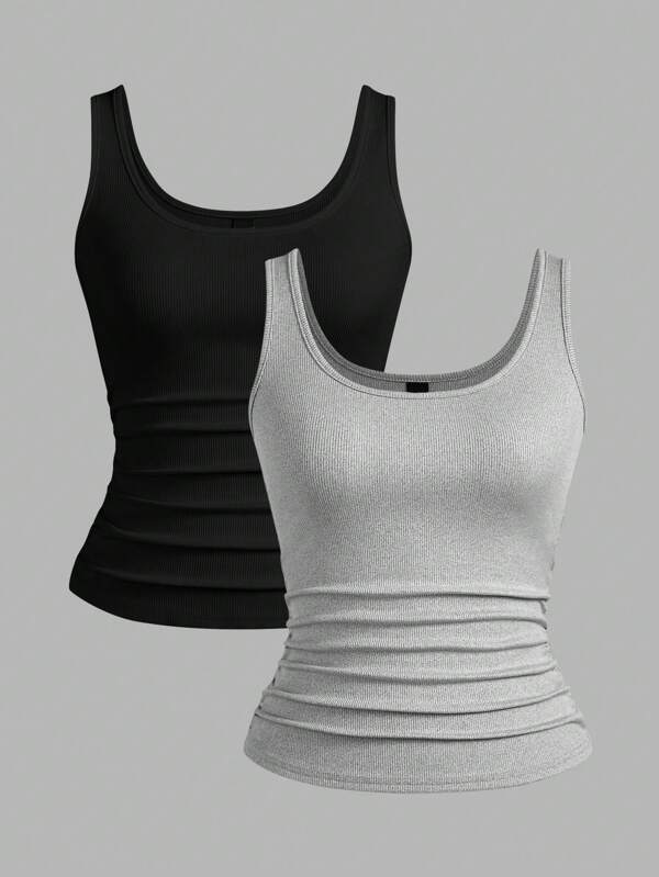 Slaydiva Multi-Pack Black & White Casual Basics Tank Top, Women's Deep U-Neck Skinny Rib Camisole