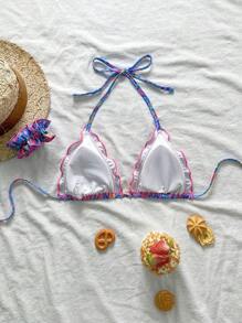 Swim Mod 女士夏季碎花荷叶边挂脖比基尼套装（含头带） - 彩色 - 查看 2