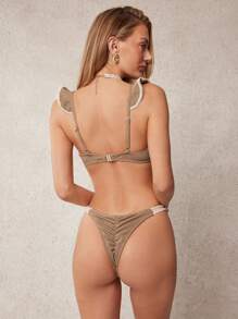 L'Amorae Elegant Vacation Textured Crochet Side Trim Detail Bikini Bottom For Summer - Khaki - View 5